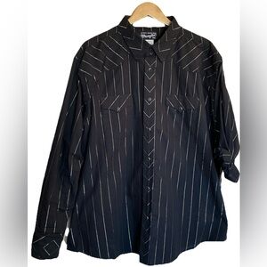 VNTG Wrangler Western Mens Size XXL Snap Black & Silver Metallic Pinstripe Shirt